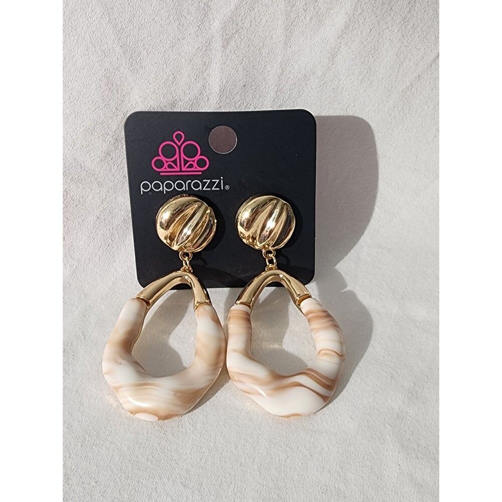 Paparazzi Gold Marble Acrylic Drop Earrings Tan White Swirl Statement NWT
